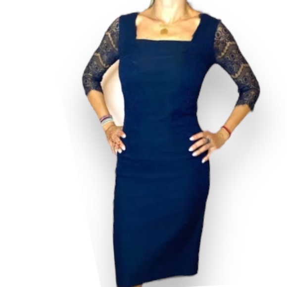 MISSYMAY Dresses & Skirts - Missmay Retro Gorgeous City Stretchy Navy Blue Lace Bodycon Dress size medium*